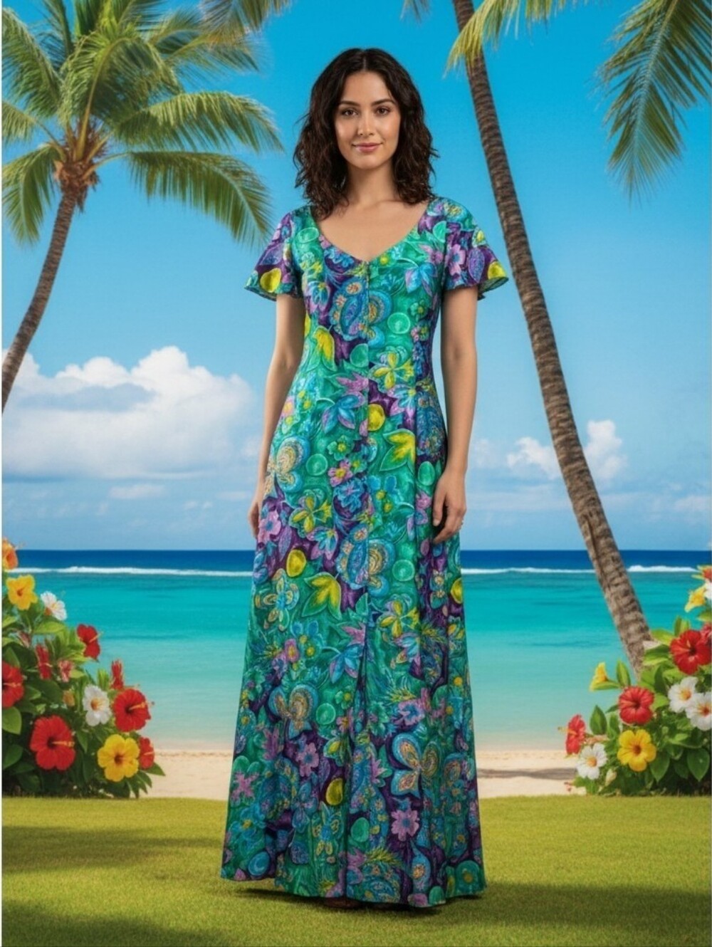 Vintage 1960s Tropical Floral Maxi Dress in Teal & Purple